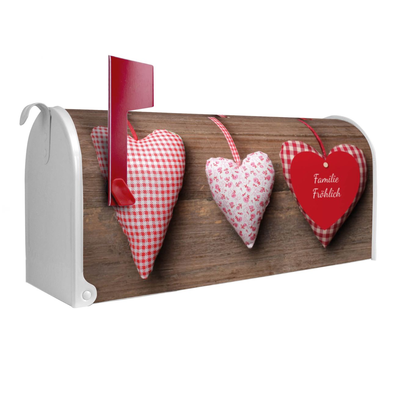 banjado Amerikanischer Briefkasten Weiß US Mailbox, Letterbox Herzen, Stahl Postkasten aus Amerika, Briefkasten amerikanisch mit roter Fahne