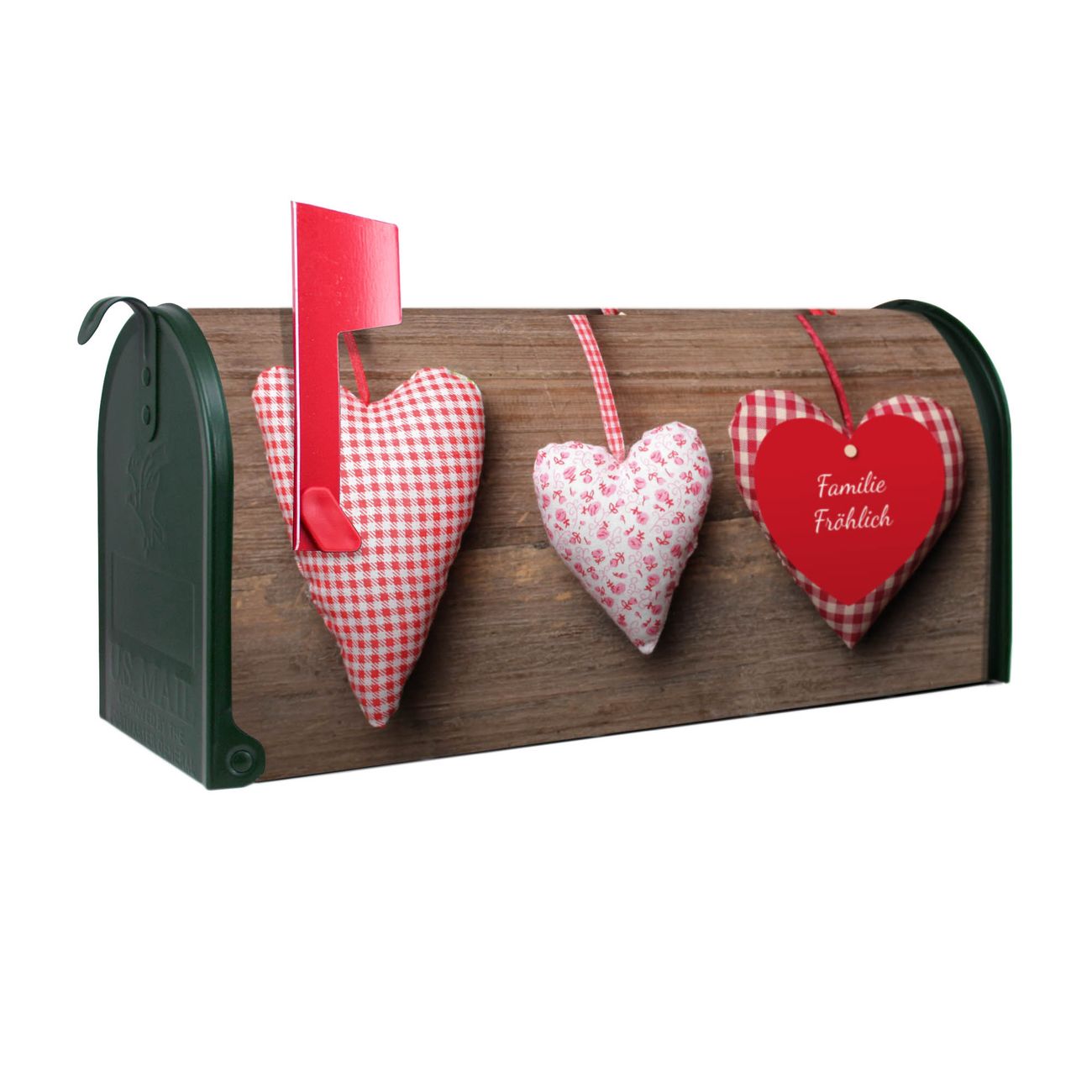 banjado Amerikanischer Briefkasten Grün US Mailbox, Letterbox Herzen, Stahl Postkasten aus Amerika, Briefkasten amerikanisch mit roter Fahne