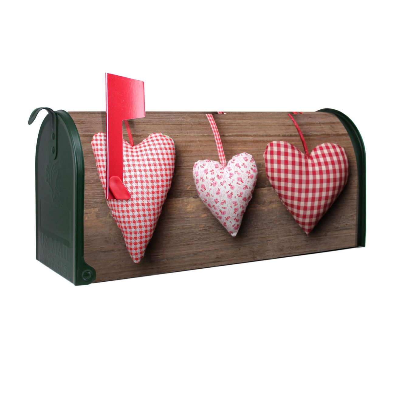 banjado Amerikanischer Briefkasten Grün US Mailbox, Letterbox Herzen, Stahl Postkasten aus Amerika, Briefkasten amerikanisch mit roter Fahne