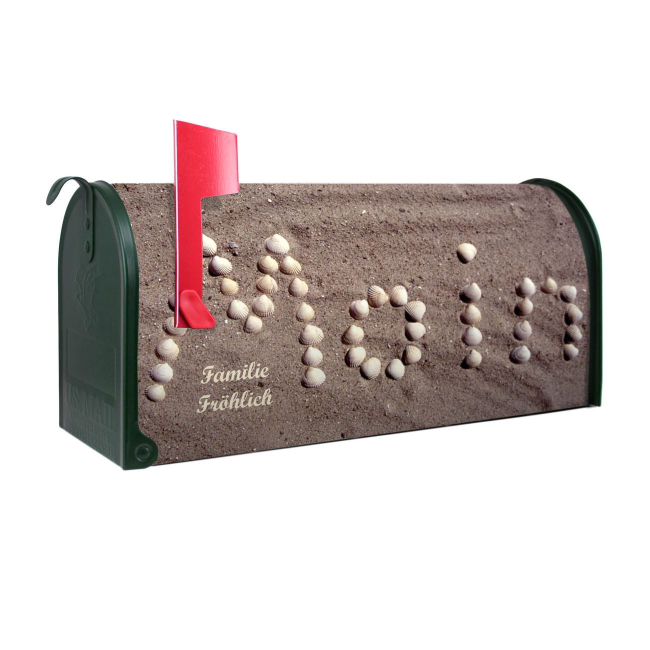 banjado Amerikanischer Briefkasten Grün US Mailbox, Letterbox Moin Moin, Stahl Postkasten aus Amerika, Briefkasten amerikanisch mit roter Fahne