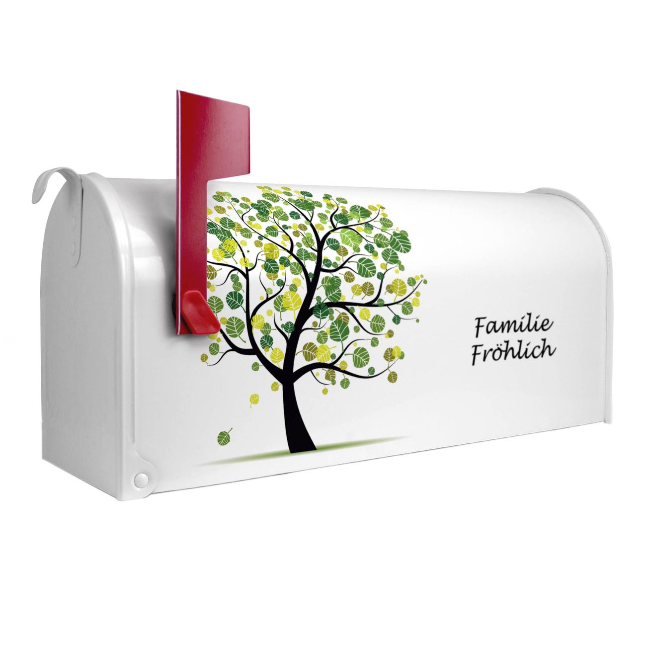 banjado Amerikanischer Briefkasten Weiß US Mailbox, Letterbox Baum grün, Stahl Postkasten aus Amerika, Briefkasten amerikanisch mit roter Fahne