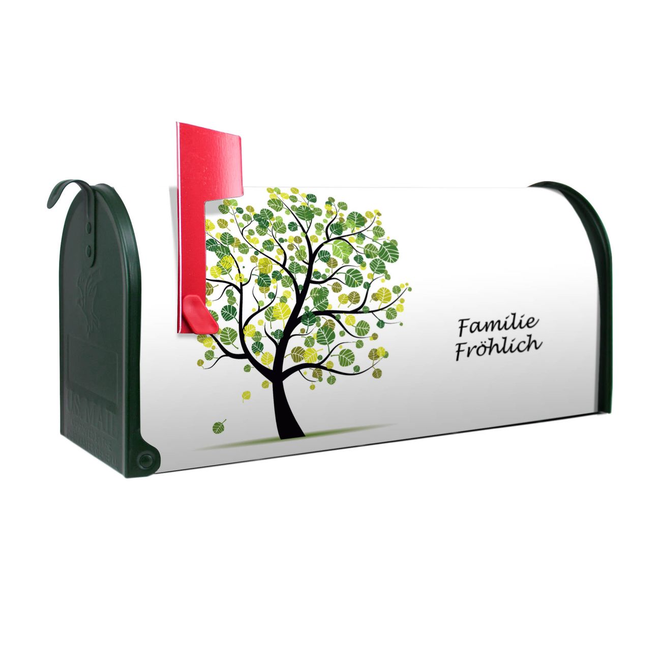 banjado Amerikanischer Briefkasten Grün US Mailbox, Letterbox Baum grün, Stahl Postkasten aus Amerika, Briefkasten amerikanisch mit roter Fahne