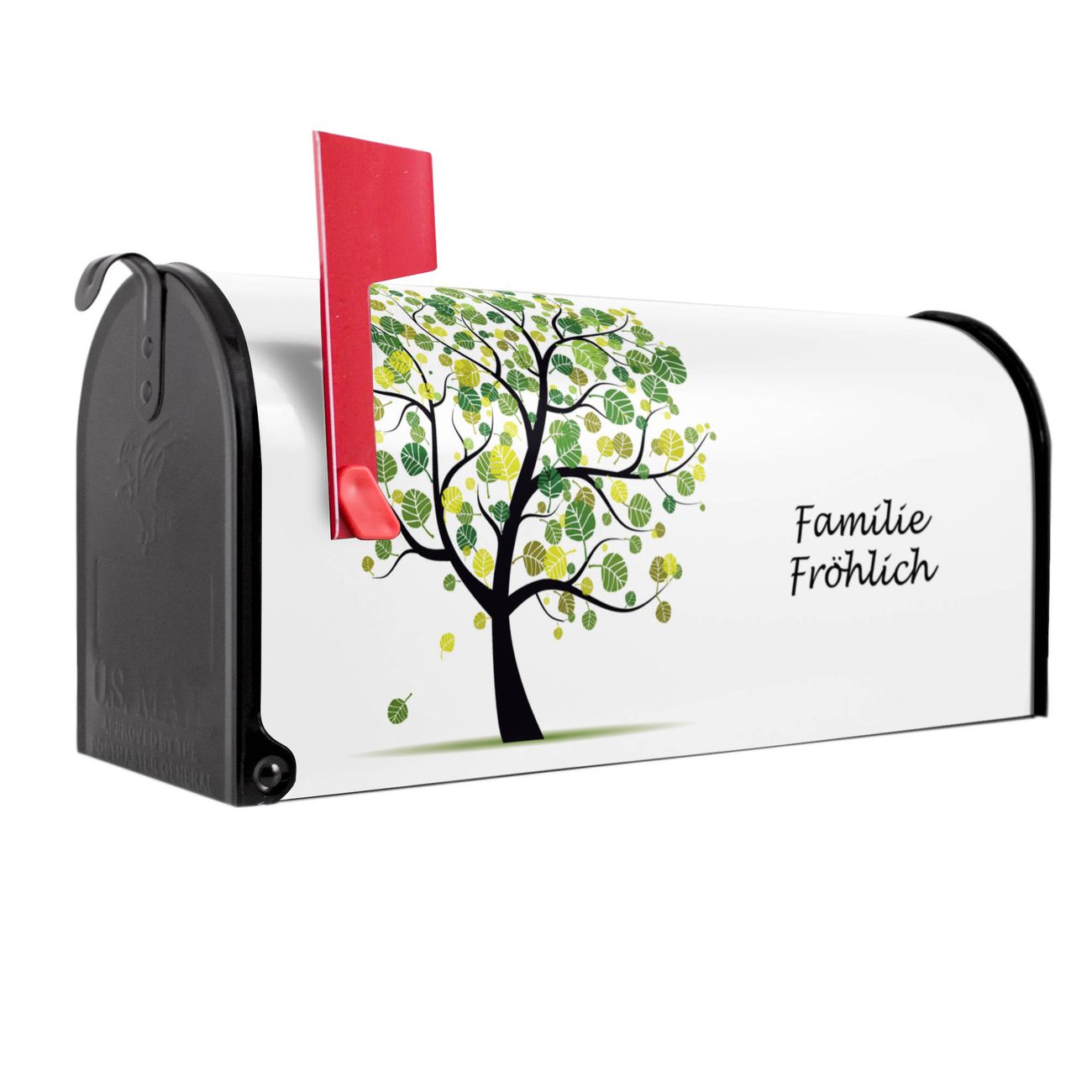 banjado Amerikanischer Briefkasten Schwarz US Mailbox, Letterbox Baum grün, Stahl Postkasten aus Amerika, Briefkasten amerikanisch mit roter Fahne
