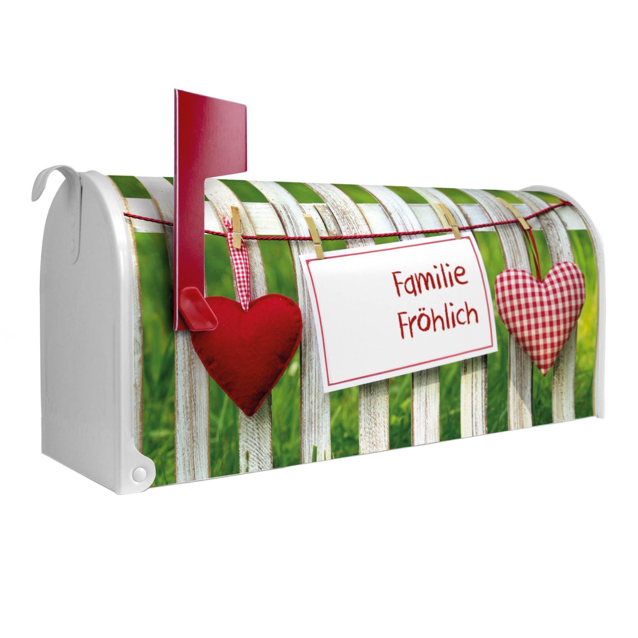 banjado Amerikanischer Briefkasten Weiß US Mailbox, Letterbox WT Gartenzaun, Stahl Postkasten aus Amerika, Briefkasten amerikanisch mit roter Fahne