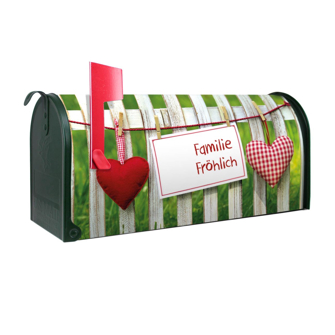 banjado Amerikanischer Briefkasten Grün US Mailbox, Letterbox WT Gartenzaun, Stahl Postkasten aus Amerika, Briefkasten amerikanisch mit roter Fahne