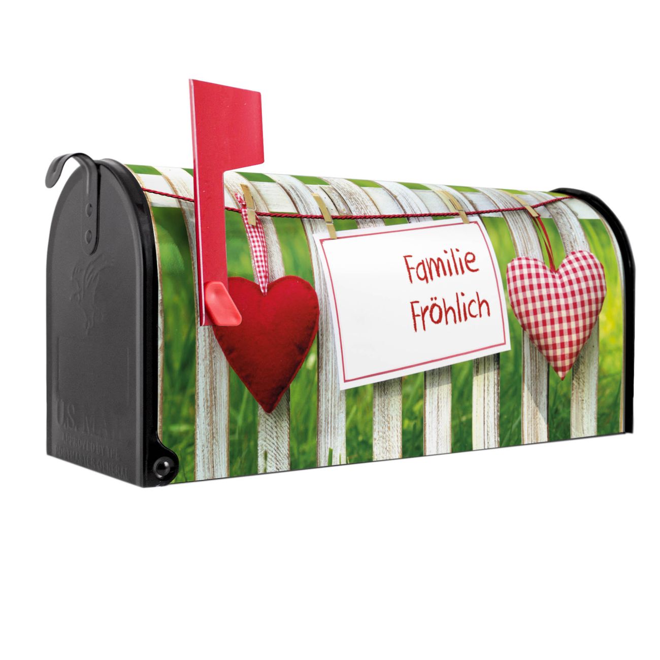 banjado Amerikanischer Briefkasten Schwarz US Mailbox, Letterbox WT Gartenzaun, Stahl Postkasten aus Amerika, Briefkasten amerikanisch mit roter Fahne