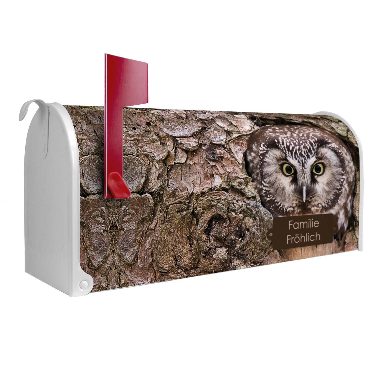 banjado Amerikanischer Briefkasten Weiß US Mailbox, Letterbox Eule, Stahl Postkasten aus Amerika, Briefkasten amerikanisch mit roter Fahne