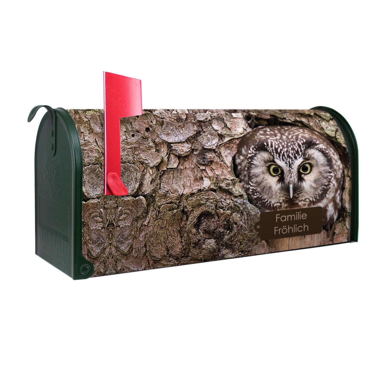 banjado Amerikanischer Briefkasten Grün US Mailbox, Letterbox Eule, Stahl Postkasten aus Amerika, Briefkasten amerikanisch mit roter Fahne