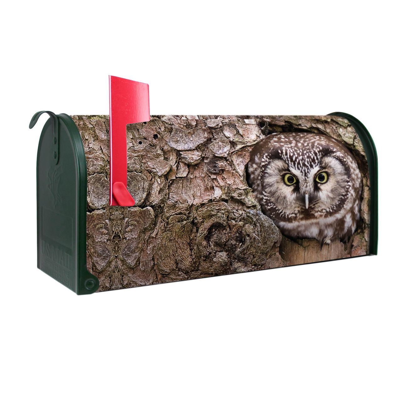 banjado Amerikanischer Briefkasten Grün US Mailbox, Letterbox Eule, Stahl Postkasten aus Amerika, Briefkasten amerikanisch mit roter Fahne