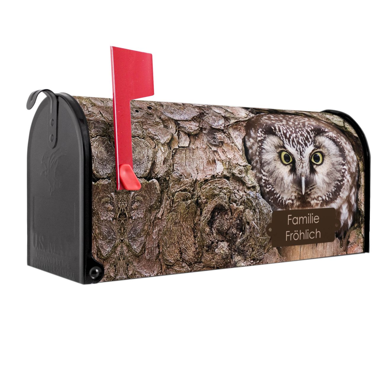 banjado Amerikanischer Briefkasten Schwarz US Mailbox, Letterbox Eule, Stahl Postkasten aus Amerika, Briefkasten amerikanisch mit roter Fahne