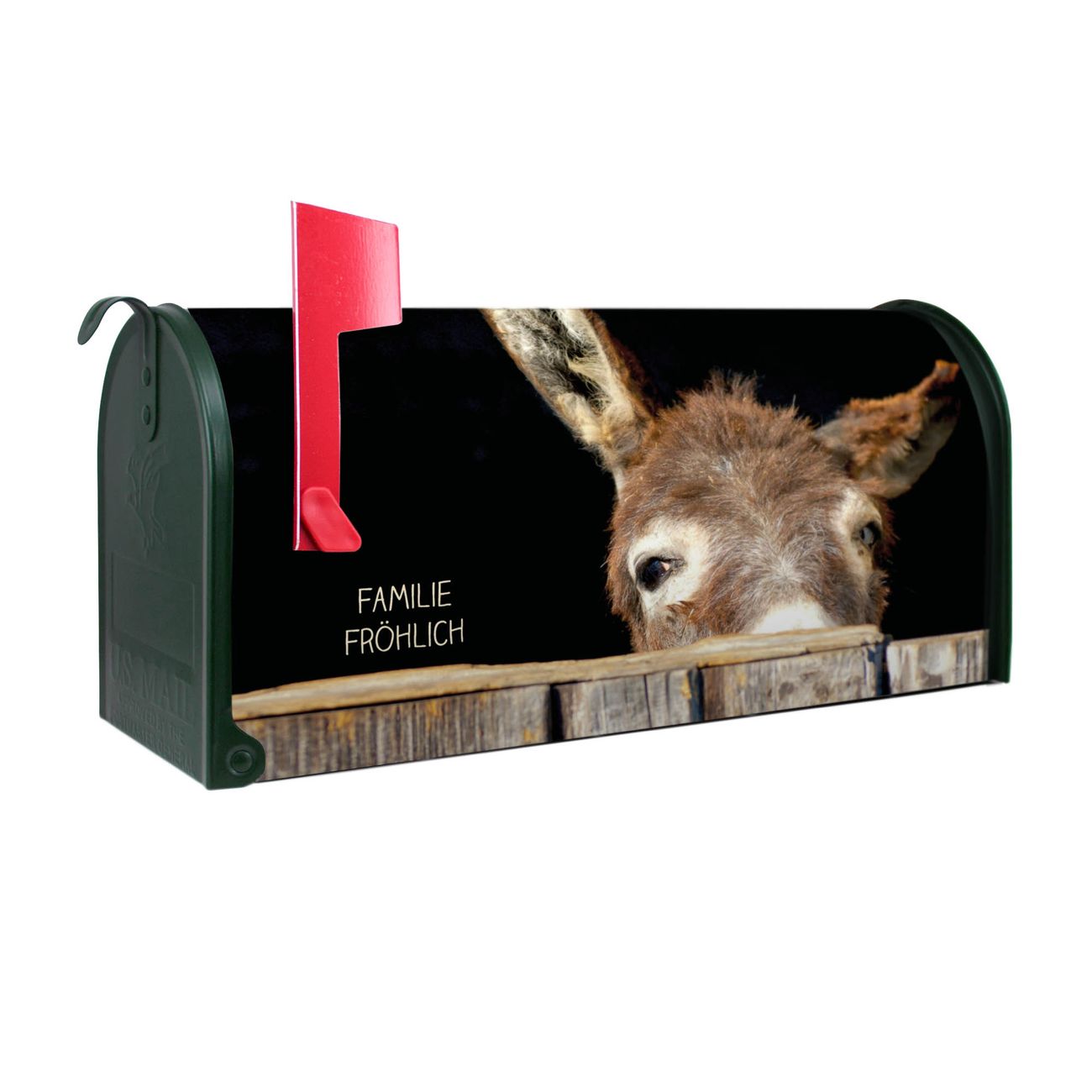 banjado Amerikanischer Briefkasten Grün US Mailbox, Letterbox Esel, Stahl Postkasten aus Amerika, Briefkasten amerikanisch mit roter Fahne