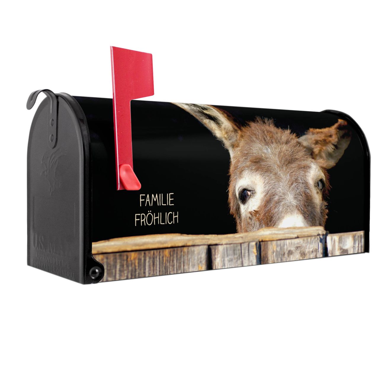 banjado Amerikanischer Briefkasten Schwarz US Mailbox, Letterbox Esel, Stahl Postkasten aus Amerika, Briefkasten amerikanisch mit roter Fahne