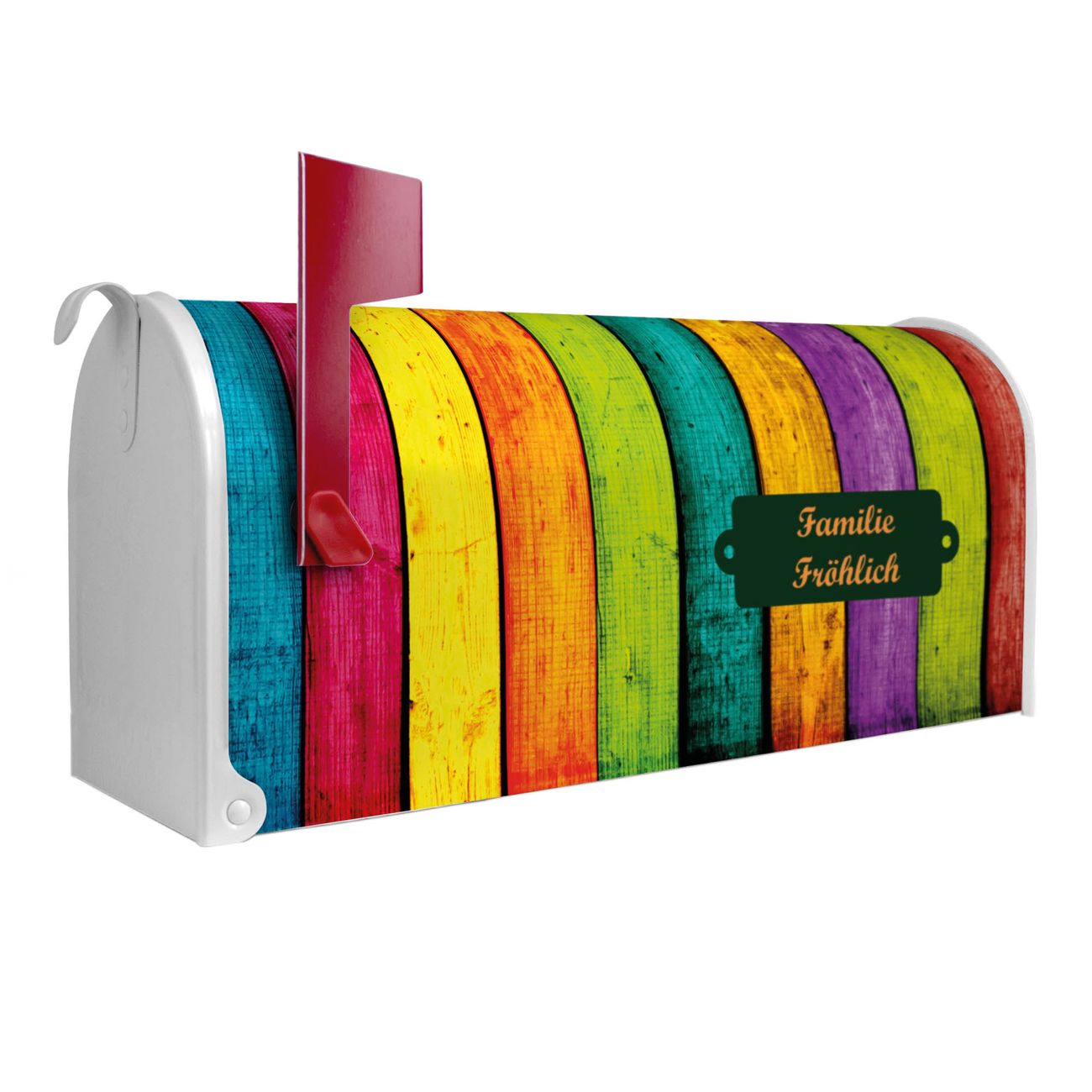 banjado Amerikanischer Briefkasten Weiß US Mailbox, Letterbox Holz bunt, Stahl Postkasten aus Amerika, Briefkasten amerikanisch mit roter Fahne