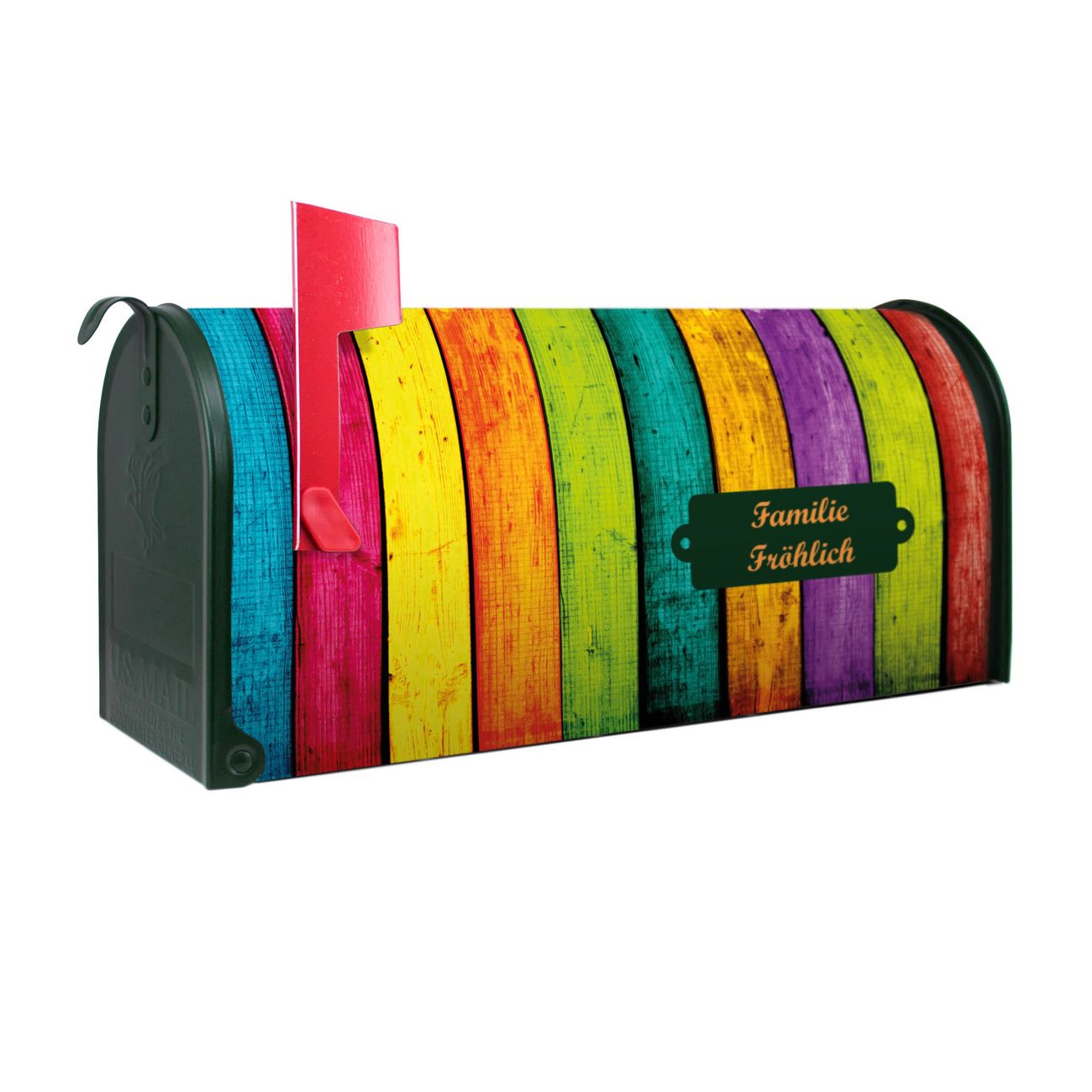 banjado Amerikanischer Briefkasten Grün US Mailbox, Letterbox Holz bunt, Stahl Postkasten aus Amerika, Briefkasten amerikanisch mit roter Fahne