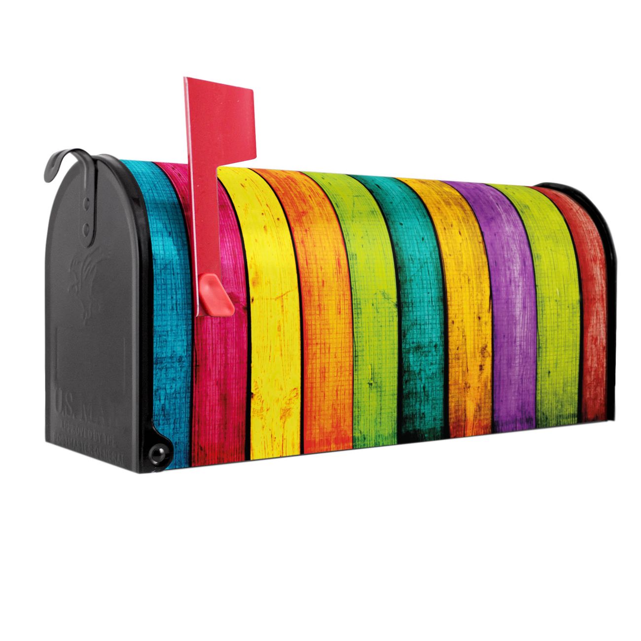 banjado Amerikanischer Briefkasten Schwarz US Mailbox, Letterbox Holz bunt, Stahl Postkasten aus Amerika, Briefkasten amerikanisch mit roter Fahne