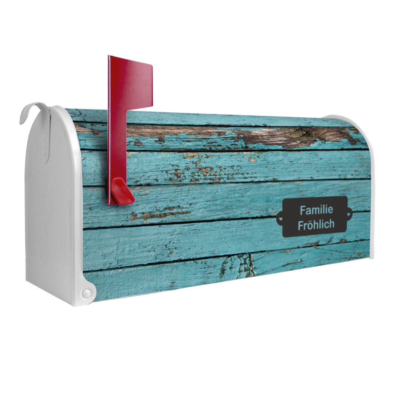 banjado Amerikanischer Briefkasten Weiß US Mailbox, Letterbox Holz Blau, Stahl Postkasten aus Amerika, Briefkasten amerikanisch mit roter Fahne