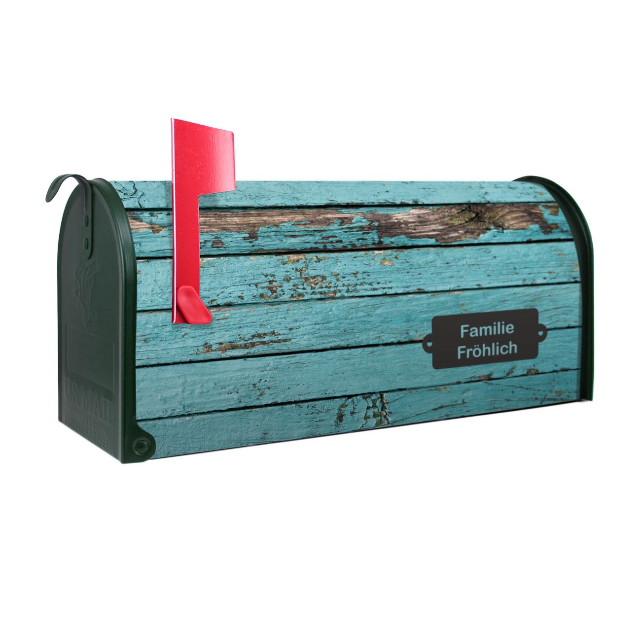 banjado Amerikanischer Briefkasten Grün US Mailbox, Letterbox Holz Blau, Stahl Postkasten aus Amerika, Briefkasten amerikanisch mit roter Fahne