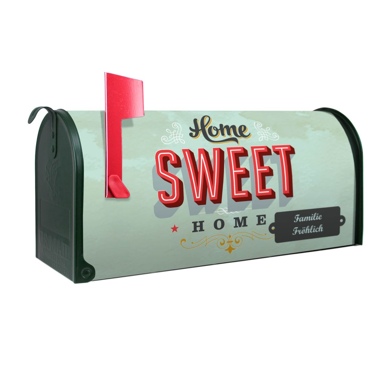 banjado Amerikanischer Briefkasten Grün US Mailbox, Letterbox Sweet Home, Stahl Postkasten aus Amerika, Briefkasten amerikanisch mit roter Fahne