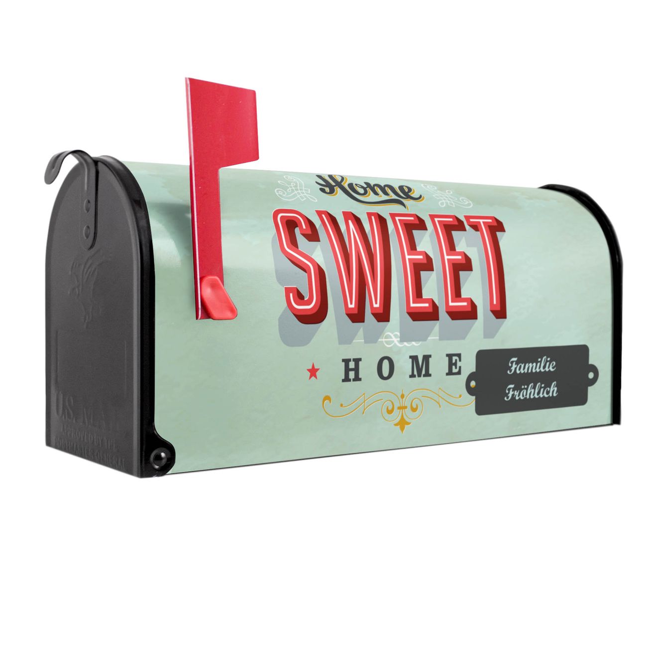 banjado Amerikanischer Briefkasten Schwarz US Mailbox, Letterbox Sweet Home, Stahl Postkasten aus Amerika, Briefkasten amerikanisch mit roter Fahne