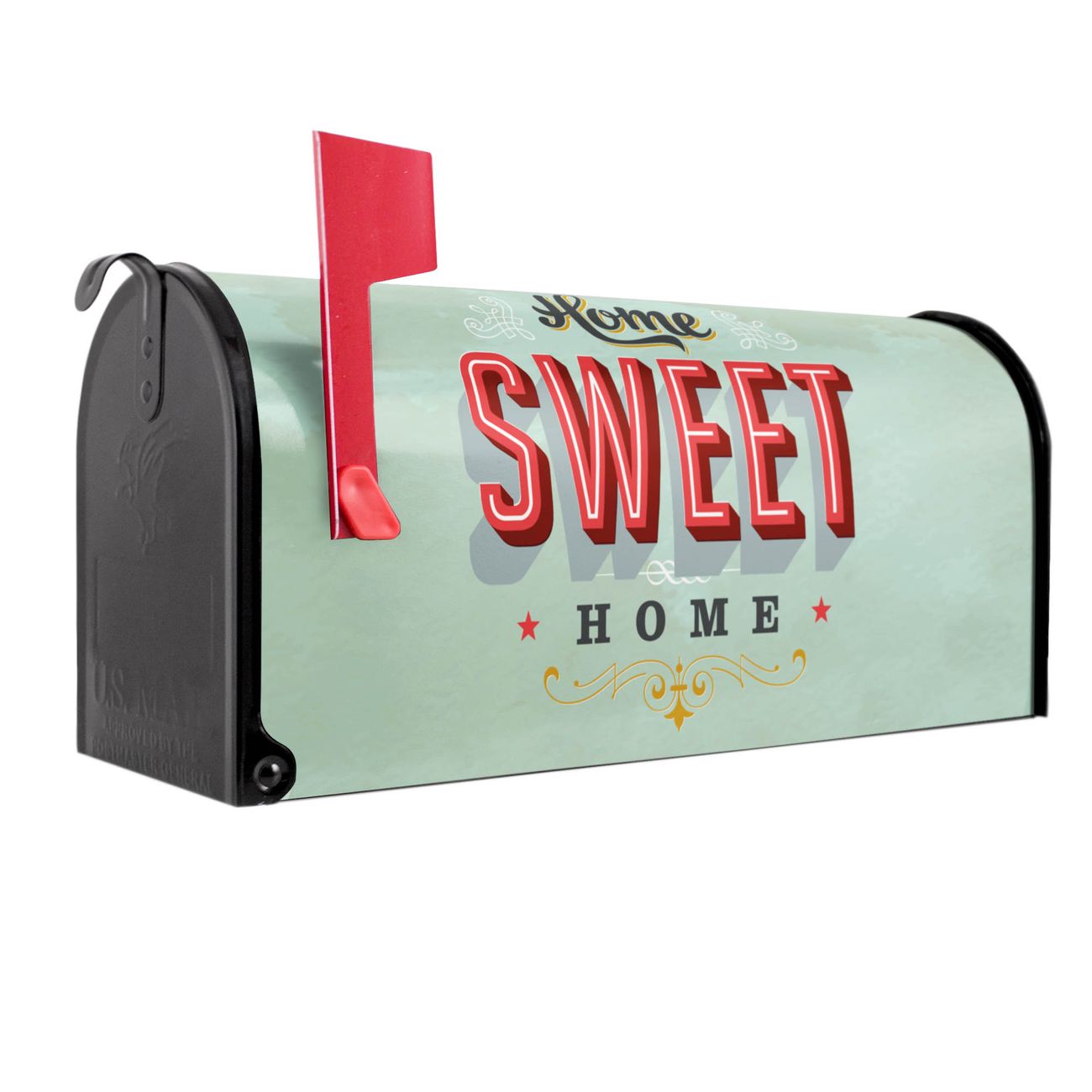 banjado Amerikanischer Briefkasten Schwarz US Mailbox, Letterbox Sweet Home, Stahl Postkasten aus Amerika, Briefkasten amerikanisch mit roter Fahne