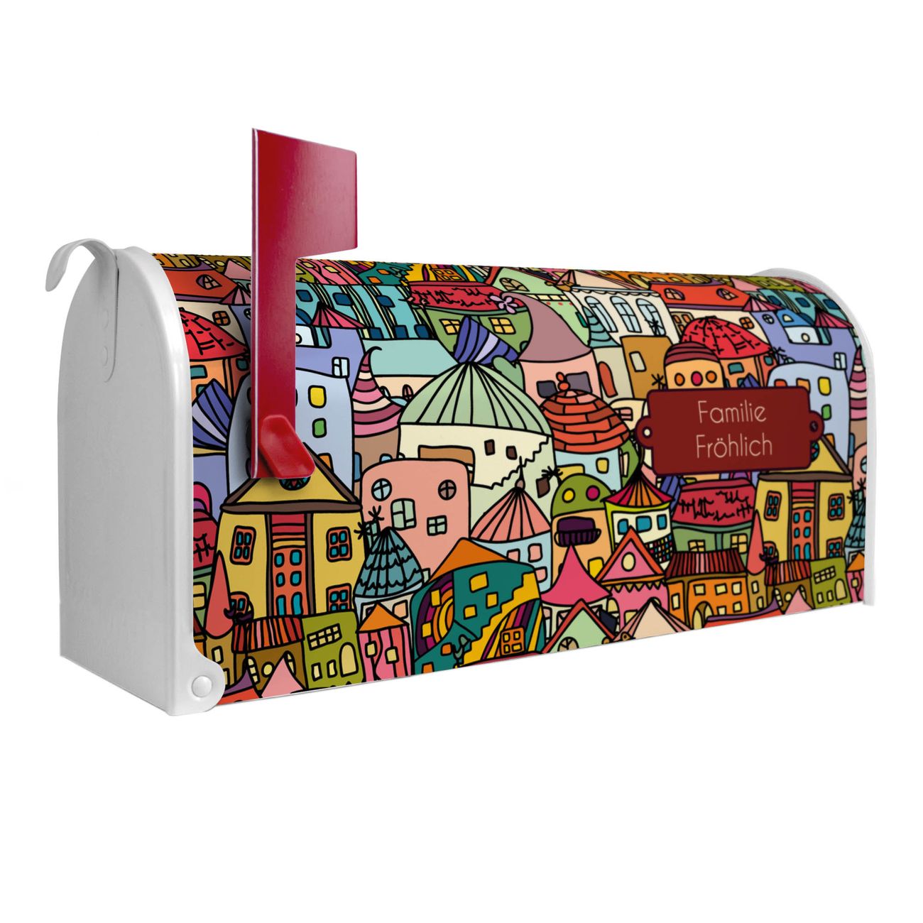 banjado Amerikanischer Briefkasten Weiß US Mailbox, Letterbox Funky Town, Stahl Postkasten aus Amerika, Briefkasten amerikanisch mit roter Fahne