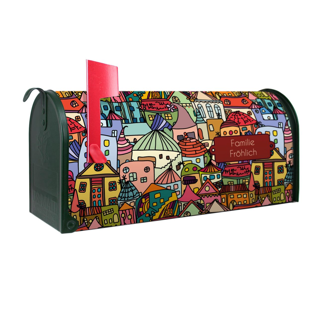 banjado Amerikanischer Briefkasten Grün US Mailbox, Letterbox Funky Town, Stahl Postkasten aus Amerika, Briefkasten amerikanisch mit roter Fahne