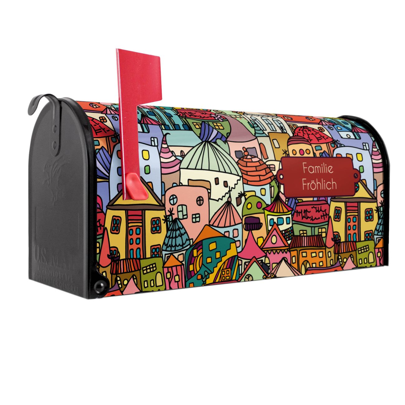 banjado Amerikanischer Briefkasten Schwarz US Mailbox, Letterbox Funky Town, Stahl Postkasten aus Amerika, Briefkasten amerikanisch mit roter Fahne