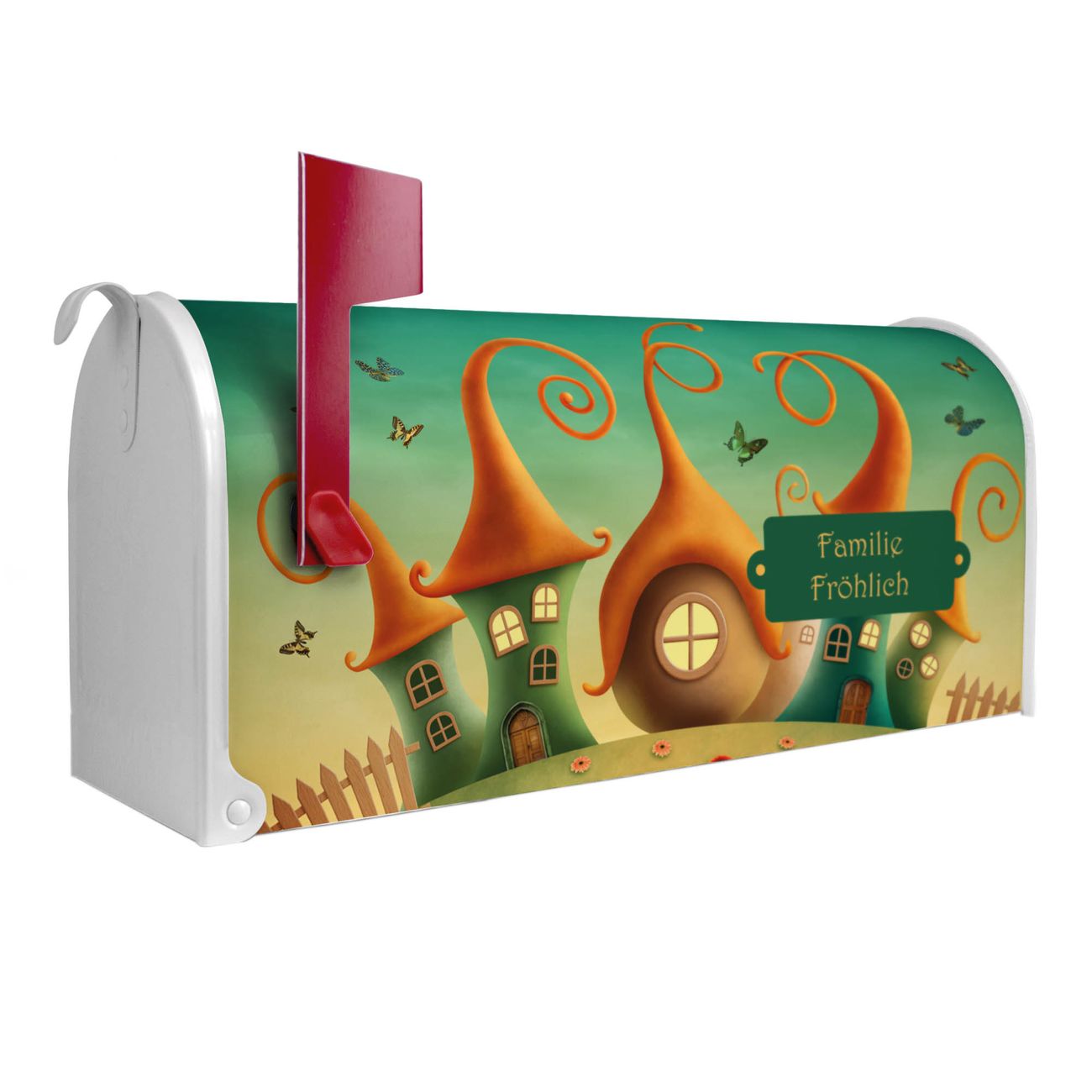 banjado Amerikanischer Briefkasten Weiß US Mailbox, Letterbox Zwergenhausen, Stahl Postkasten aus Amerika, Briefkasten amerikanisch mit roter Fahne