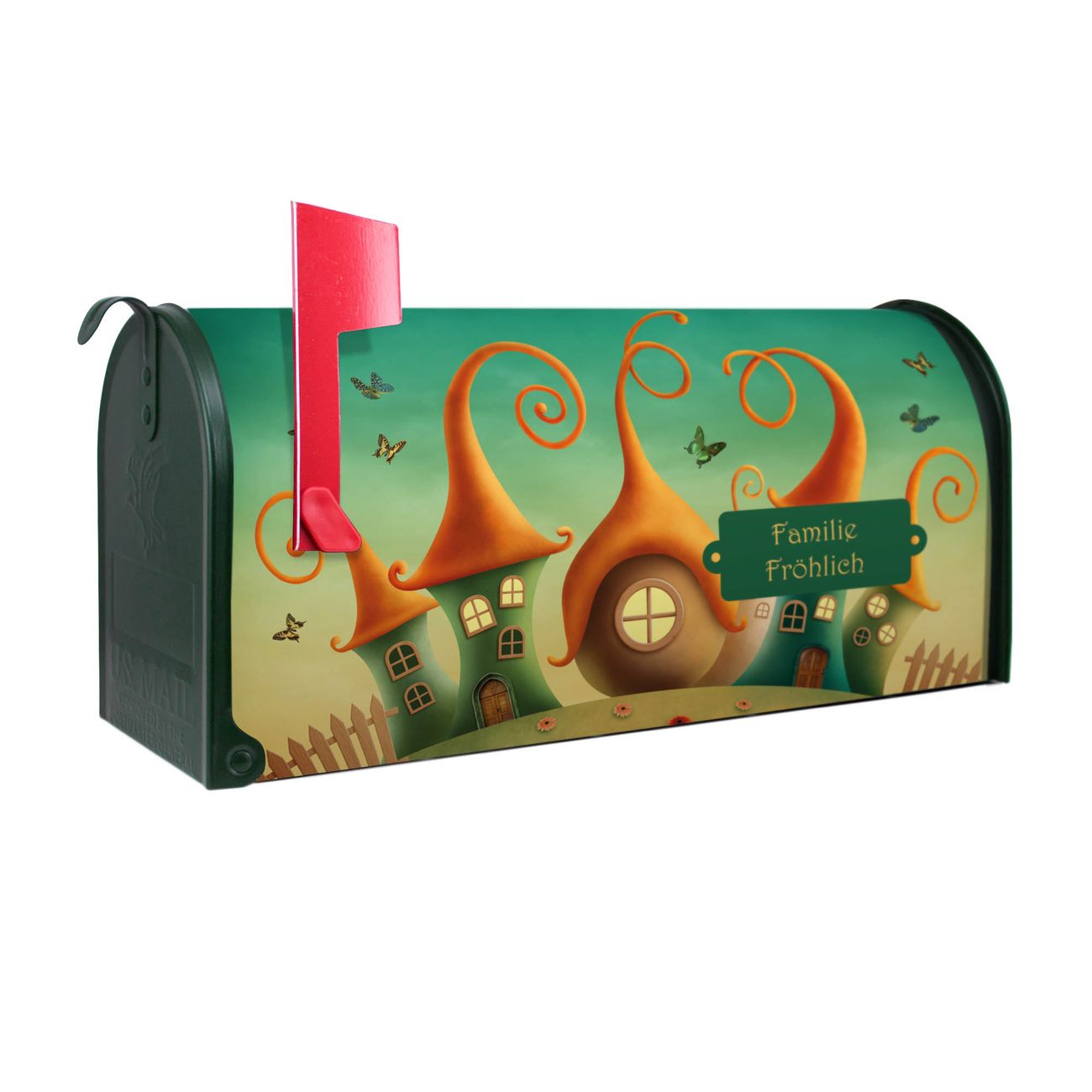 banjado Amerikanischer Briefkasten Grün US Mailbox, Letterbox Zwergenhausen, Stahl Postkasten aus Amerika, Briefkasten amerikanisch mit roter Fahne