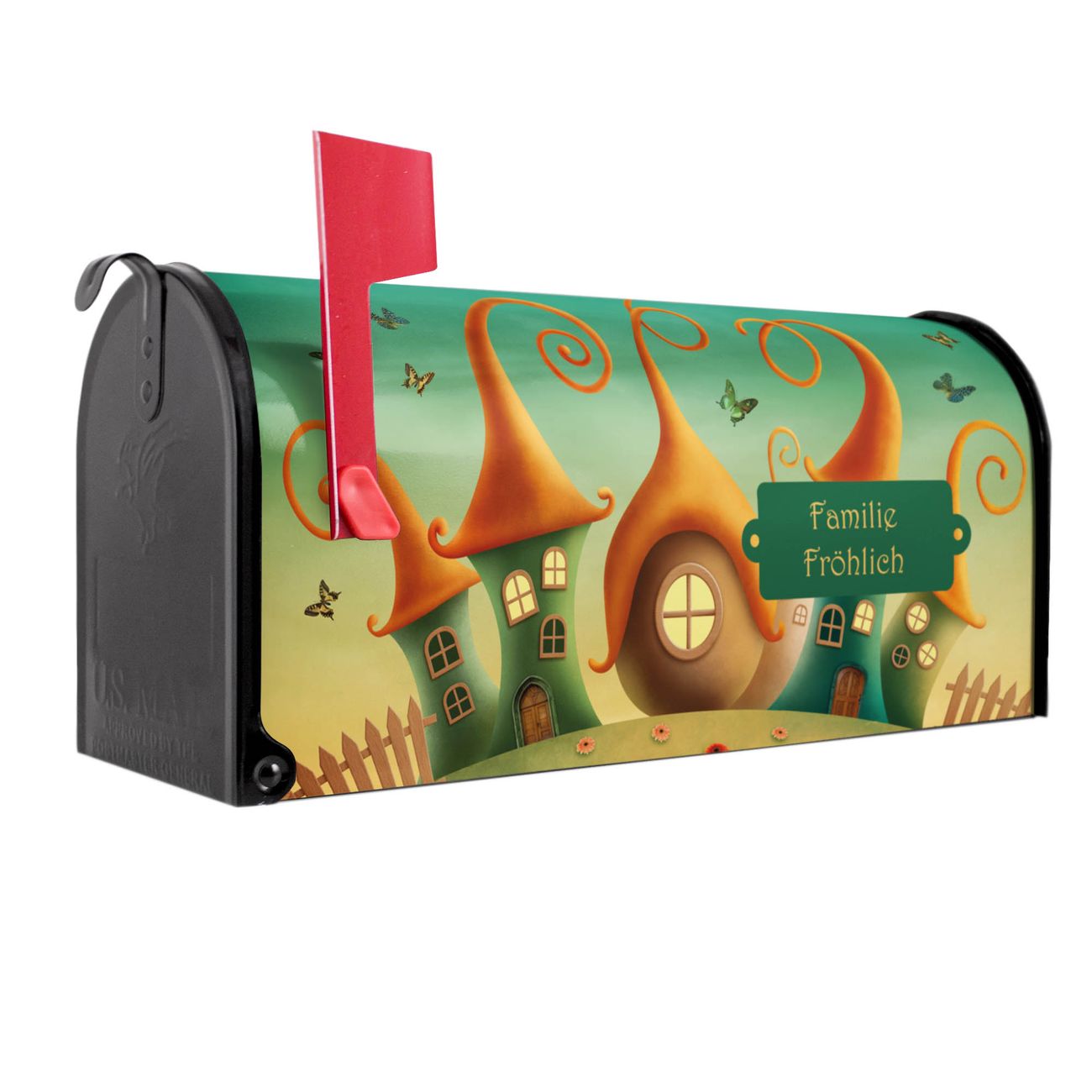 banjado Amerikanischer Briefkasten Schwarz US Mailbox, Letterbox Zwergenhausen, Stahl Postkasten aus Amerika, Briefkasten amerikanisch mit roter Fahne