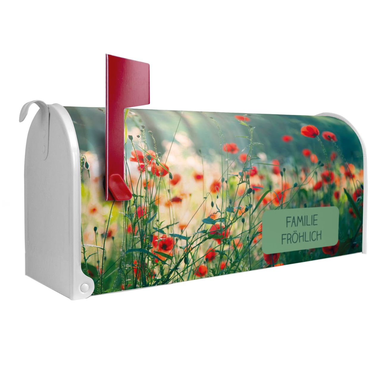 banjado Amerikanischer Briefkasten Weiß US Mailbox, Letterbox Waldmohn, Stahl Postkasten aus Amerika, Briefkasten amerikanisch mit roter Fahne