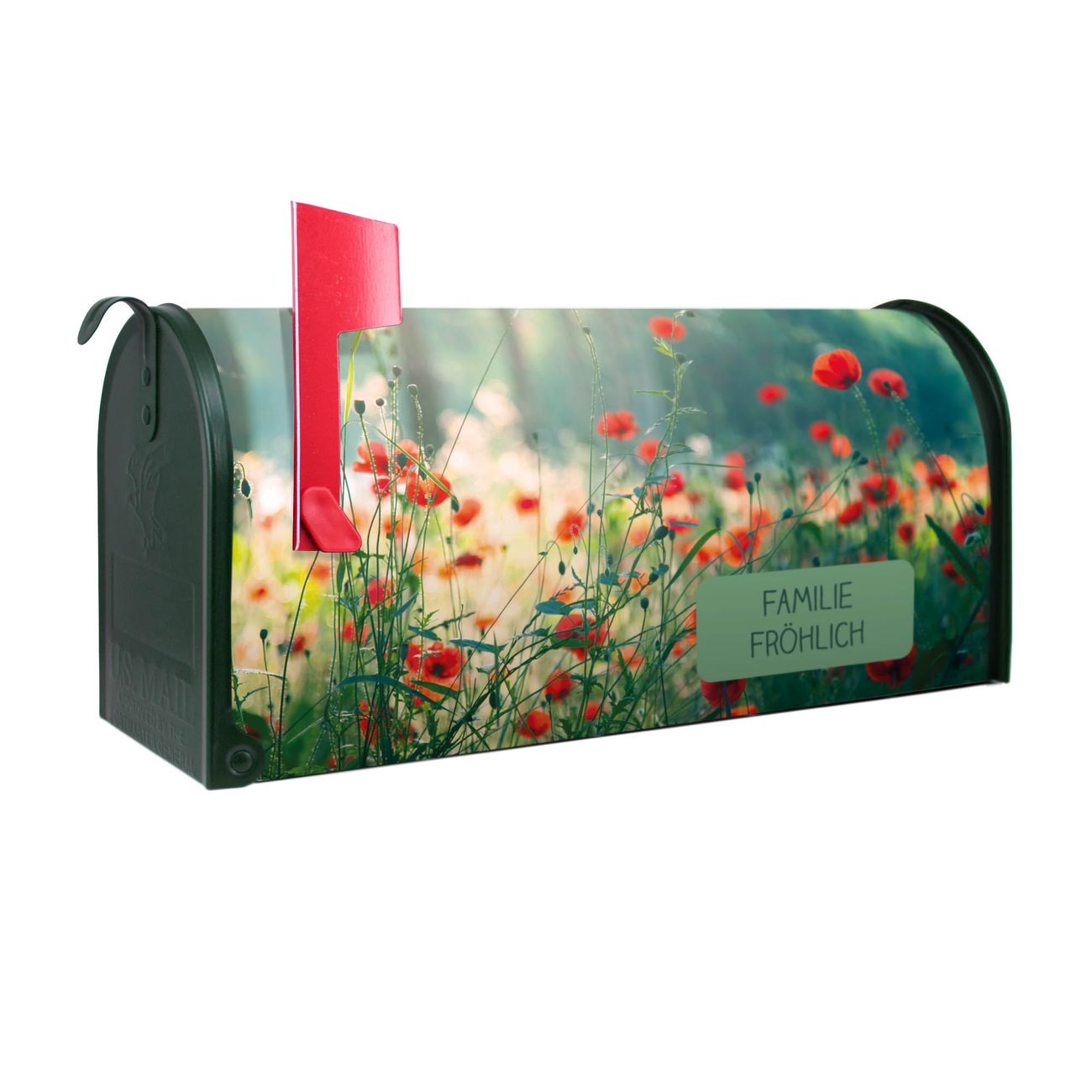 banjado Amerikanischer Briefkasten Grün US Mailbox, Letterbox Waldmohn, Stahl Postkasten aus Amerika, Briefkasten amerikanisch mit roter Fahne