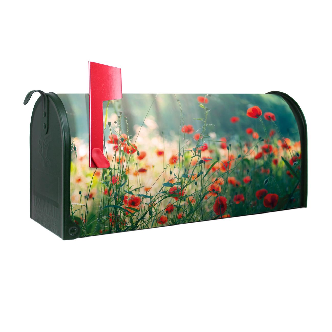 banjado Amerikanischer Briefkasten Grün US Mailbox, Letterbox Waldmohn, Stahl Postkasten aus Amerika, Briefkasten amerikanisch mit roter Fahne