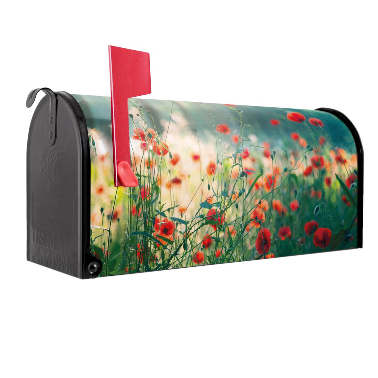 banjado Amerikanischer Briefkasten Schwarz US Mailbox, Letterbox Waldmohn, Stahl Postkasten aus Amerika, Briefkasten amerikanisch mit roter Fahne