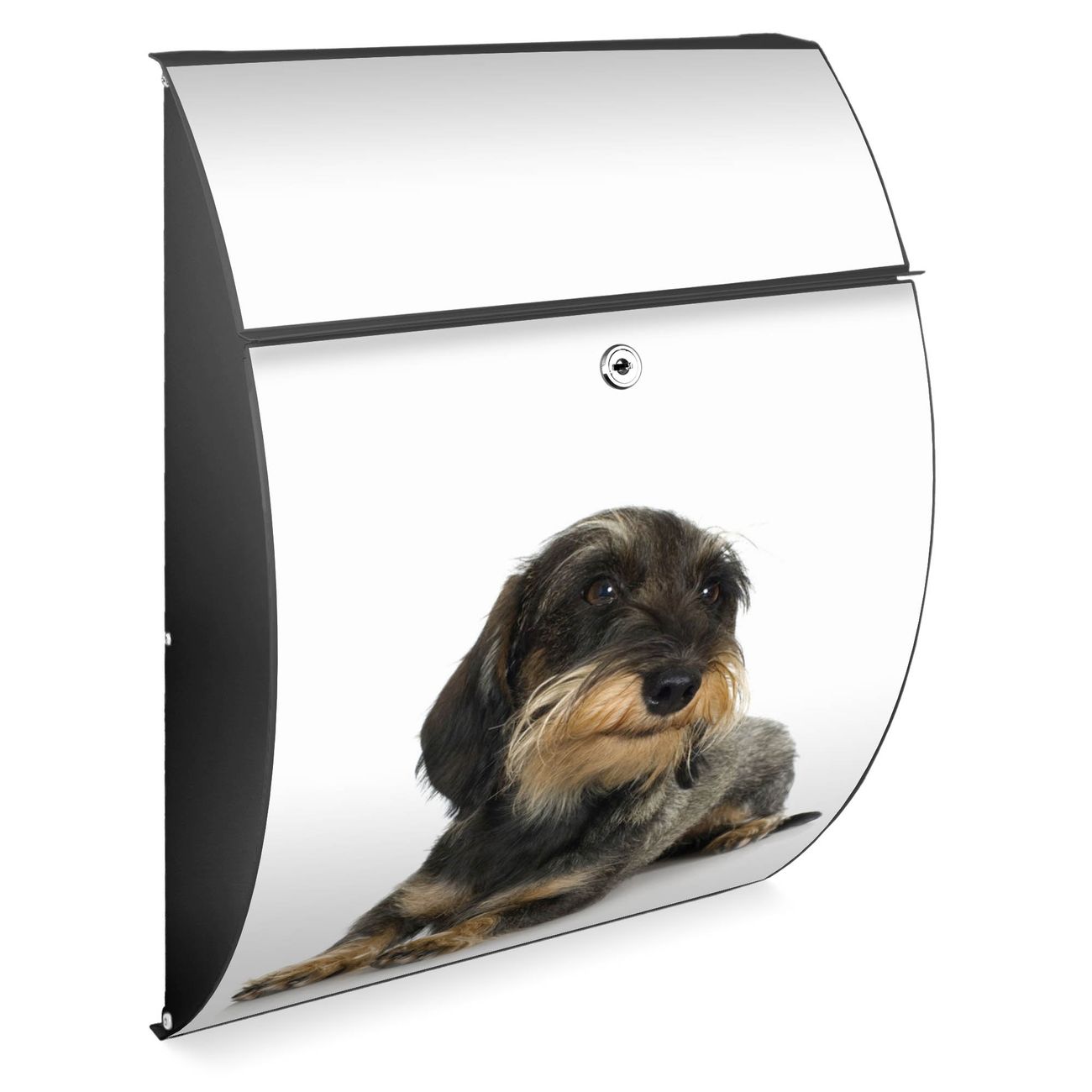 Burg-Wächter Design Briefkasten Anthrazit grau aus verzinktem Stahl mit Motiv Dackel, großer Postkasten mit Öffnungsstopp und A4 Einwurf, RAL9016