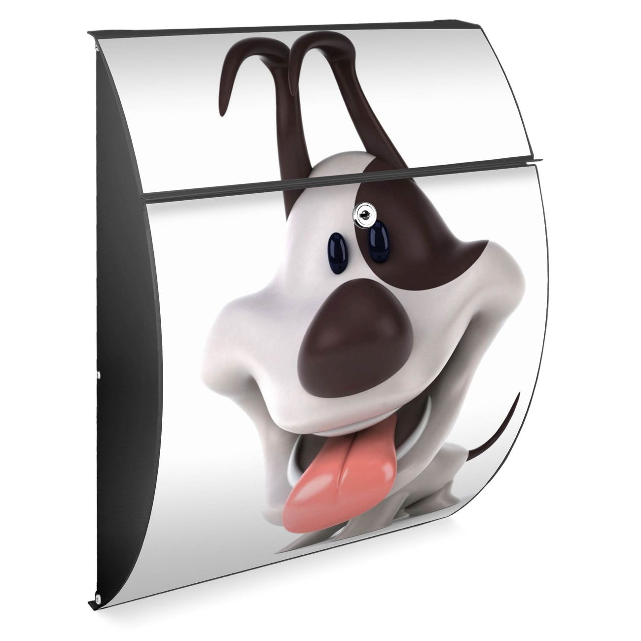 banjado Burg-Wächter Briefkasten Anthrazit mit Motiv Comic-Hund, Postkasten Stahl pulverbeschichtet mit Kippdach und Öffnungsstopp, halbrunde Form