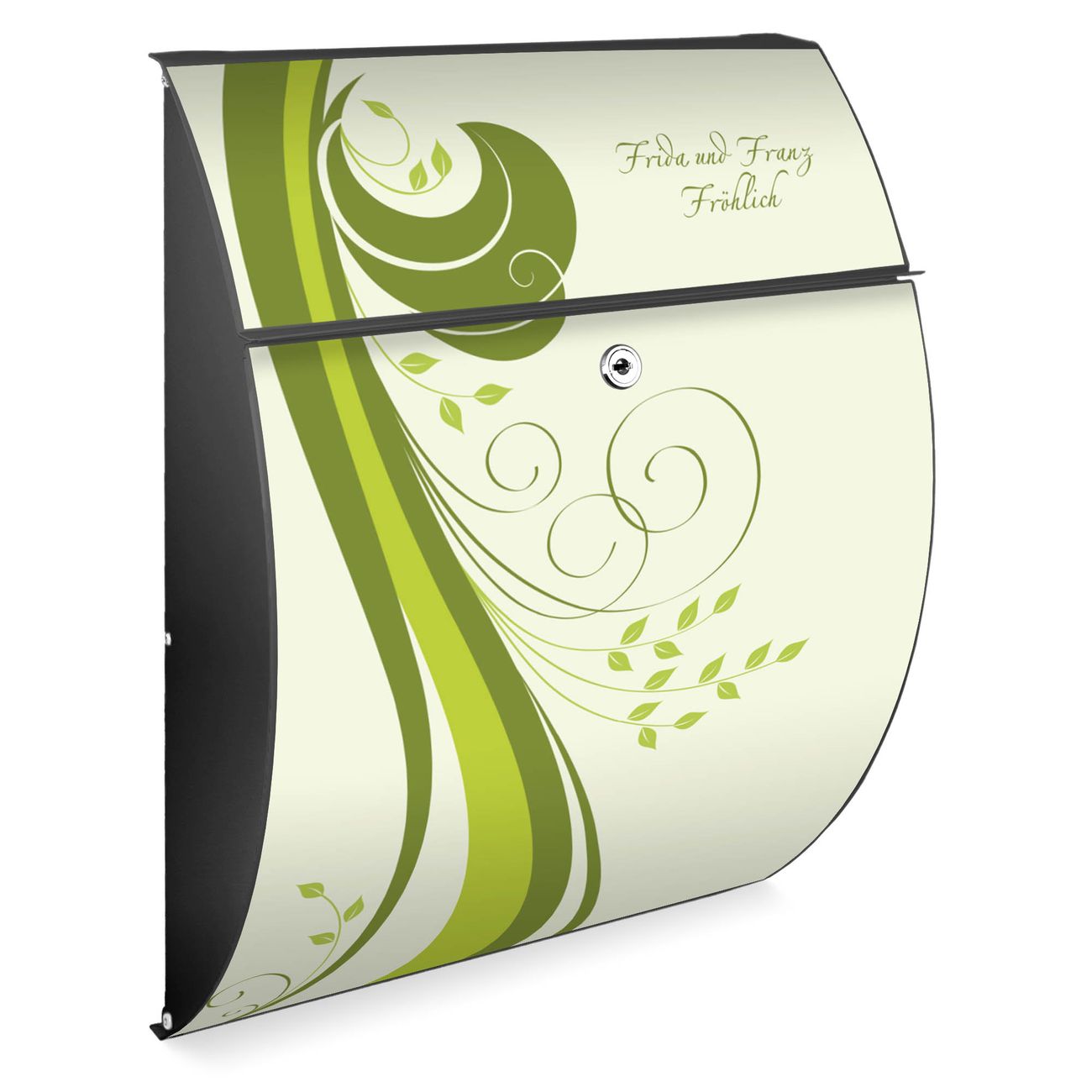 banjado Burg-Wächter Briefkasten Anthrazit mit Motiv grün Streifen, Postkasten Stahl pulverbeschichtet mit Kippdach und Öffnungsstopp, halbrunde Form