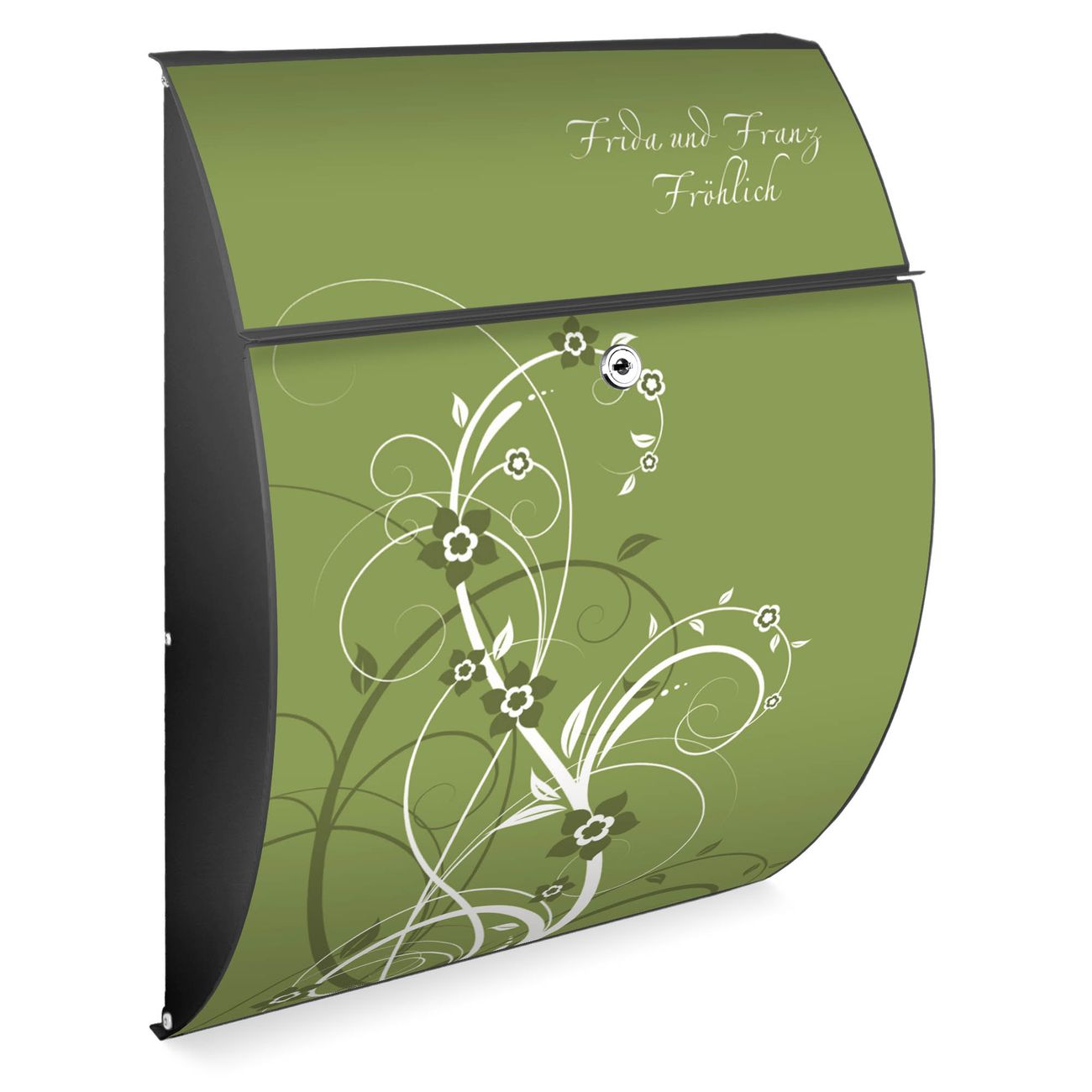 Burg-Wächter Design Briefkasten weiß aus verzinktem Stahl mit Motiv grün Blüten, großer Postkasten mit Öffnungsstopp und A4 Einwurf, RAL9010 wetterfest