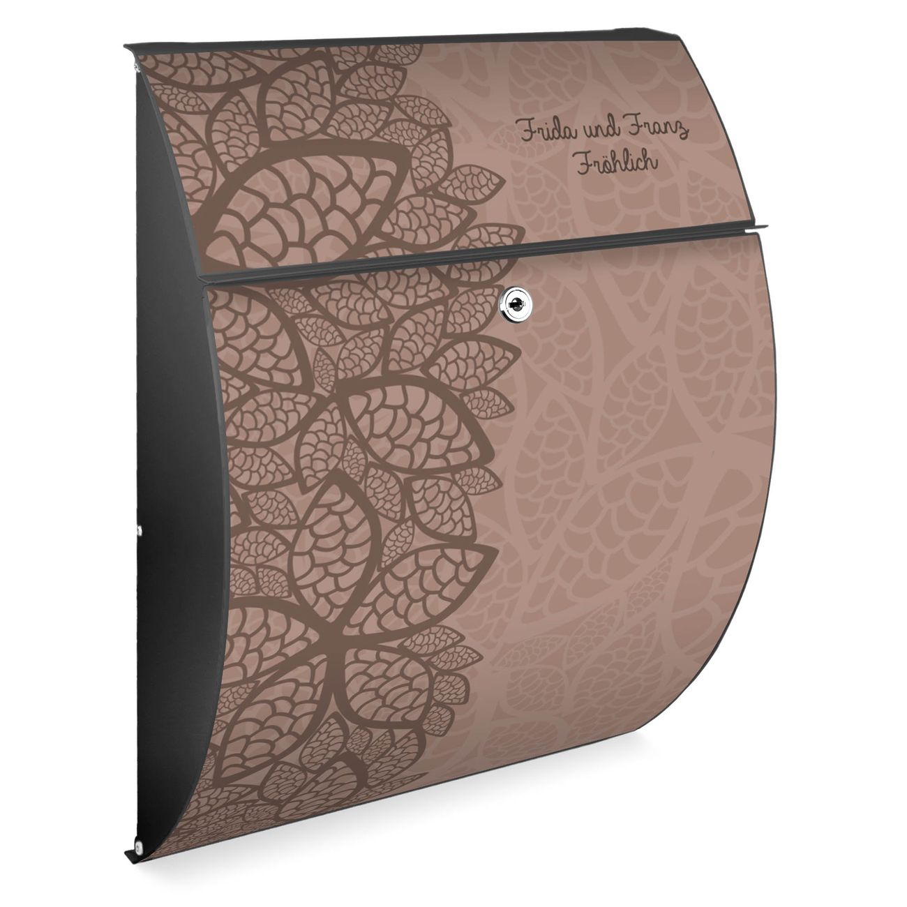 banjado Burg-Wächter Briefkasten Anthrazit mit Motiv Blätter braun, Postkasten Stahl pulverbeschichtet mit Kippdach und Öffnungsstopp, halbrunde Form