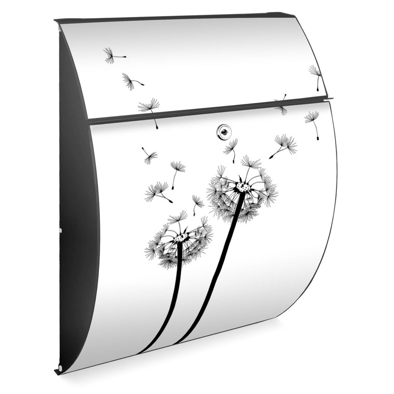 Burg-Wächter Design Briefkasten weiß aus verzinktem Stahl mit Motiv Pusteblume 2, großer Postkasten mit Öffnungsstopp und A4 Einwurf, RAL9010 wetterfest