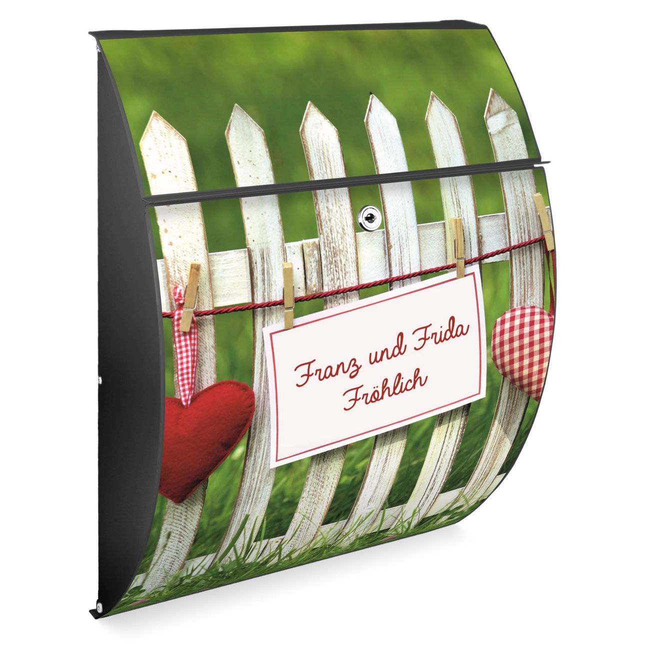 Burg-Wächter Design Briefkasten Anthrazit grau aus verzinktem Stahl mit Motiv WT Gartenzaun, großer Postkasten mit Öffnungsstopp und A4 Einwurf, RAL9018