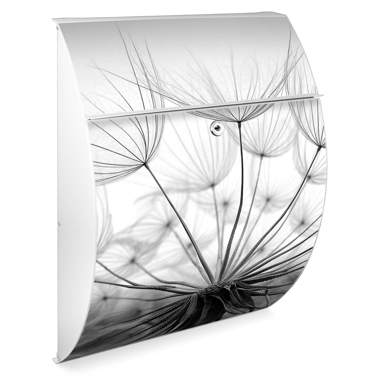 banjado Burg-Wächter Briefkasten Anthrazit mit Motiv Pusteblume, Postkasten Stahl pulverbeschichtet mit Kippdach und Öffnungsstopp, halbrunde Form