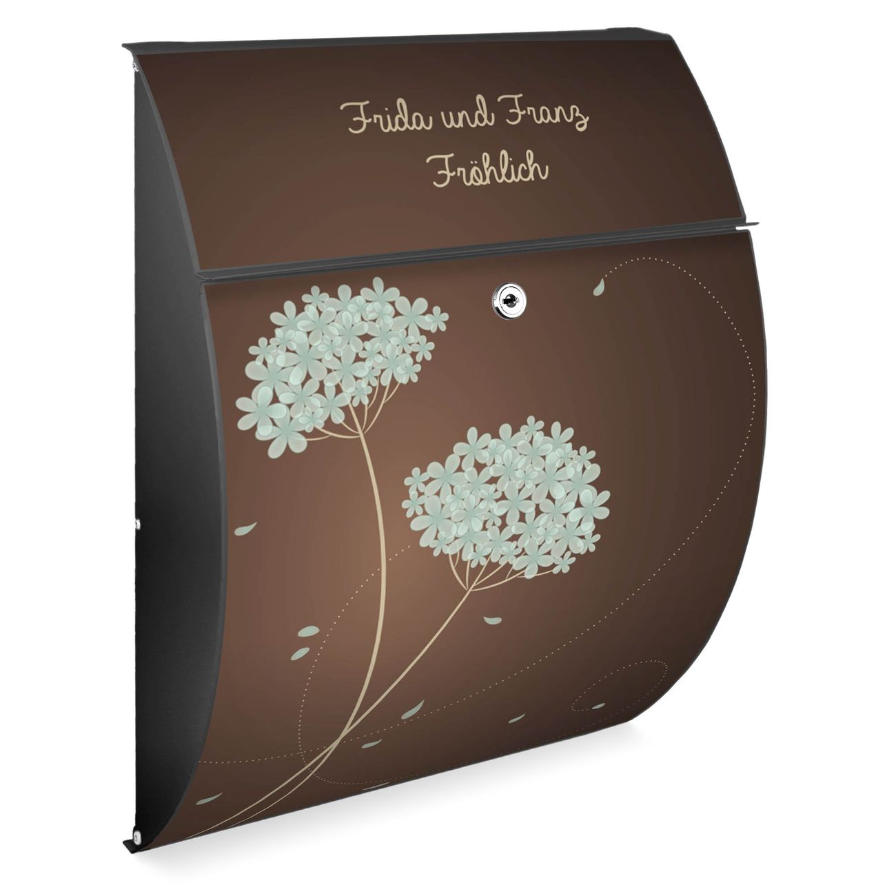 Burg-Wächter Design Briefkasten weiß aus verzinktem Stahl mit Motiv Hortensie, großer Postkasten mit Öffnungsstopp und A4 Einwurf, RAL9010 wetterfest