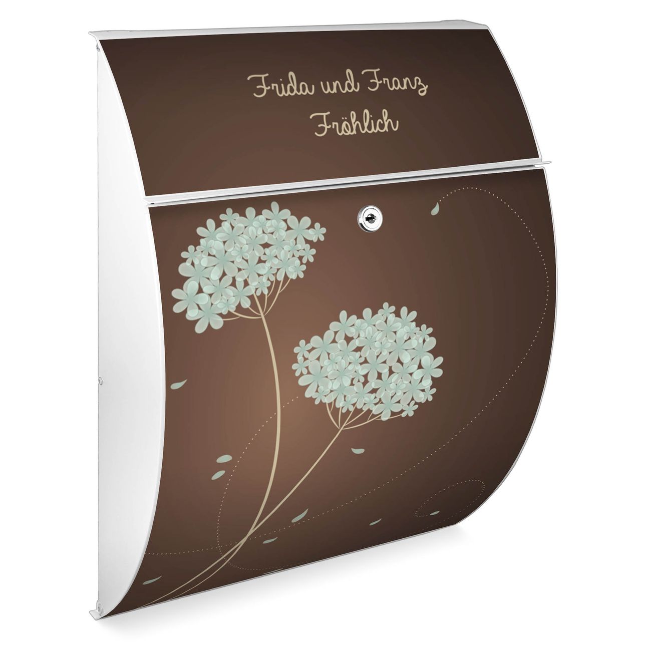 Burg-Wächter Design Briefkasten weiß aus verzinktem Stahl mit Motiv Hortensie, großer Postkasten mit Öffnungsstopp und A4 Einwurf, RAL9010 wetterfest