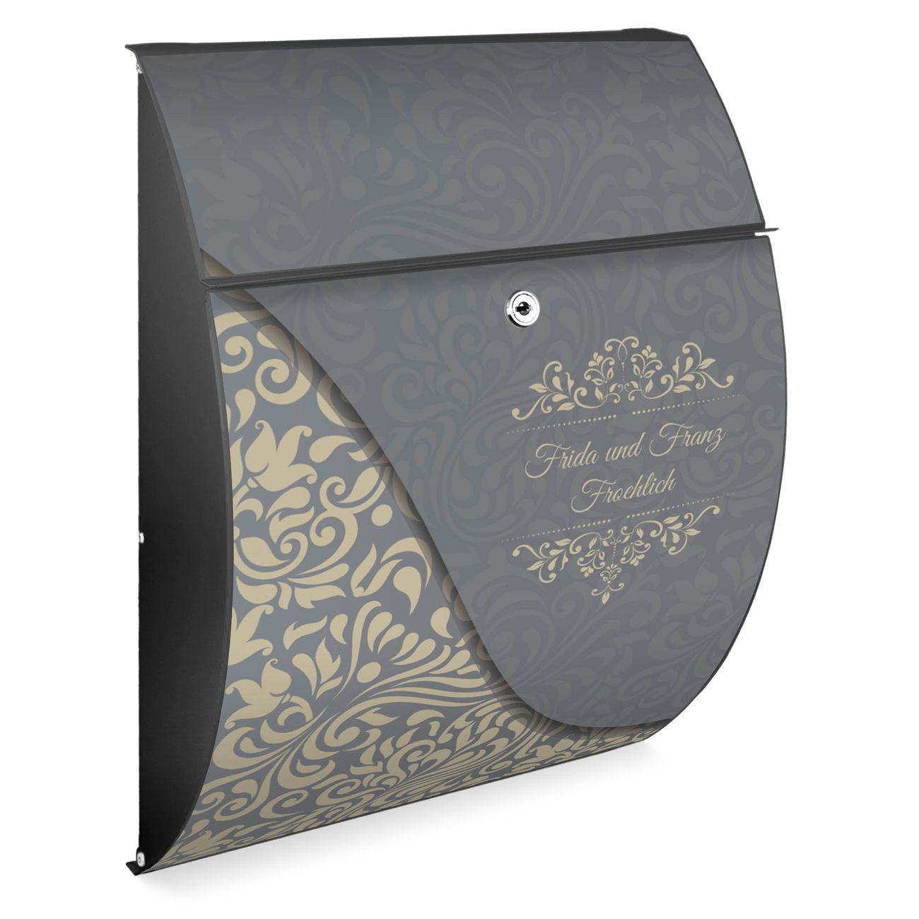 Burg-Wächter Design Briefkasten weiß aus verzinktem Stahl mit Motiv Ornament blau, großer Postkasten mit Öffnungsstopp und A4 Einwurf, RAL9010 wetterfest