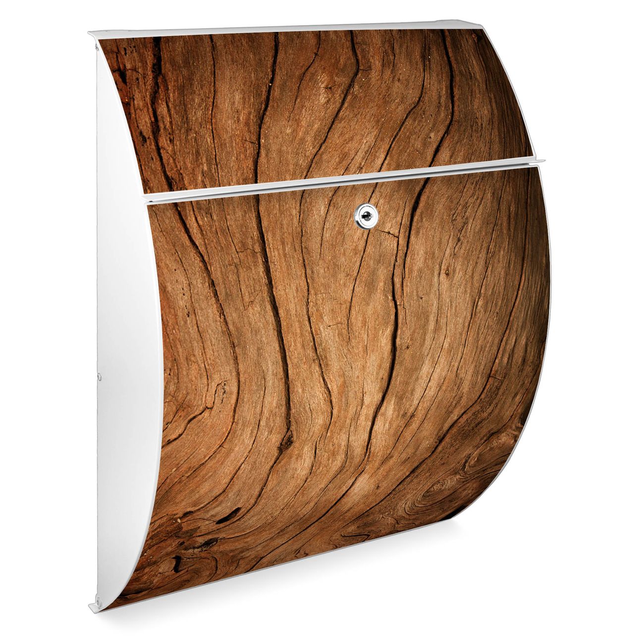 Burg-Wächter Design Briefkasten weiß aus verzinktem Stahl mit Motiv Holzmaserung, großer Postkasten mit Öffnungsstopp und A4 Einwurf, RAL9010 wetterfest