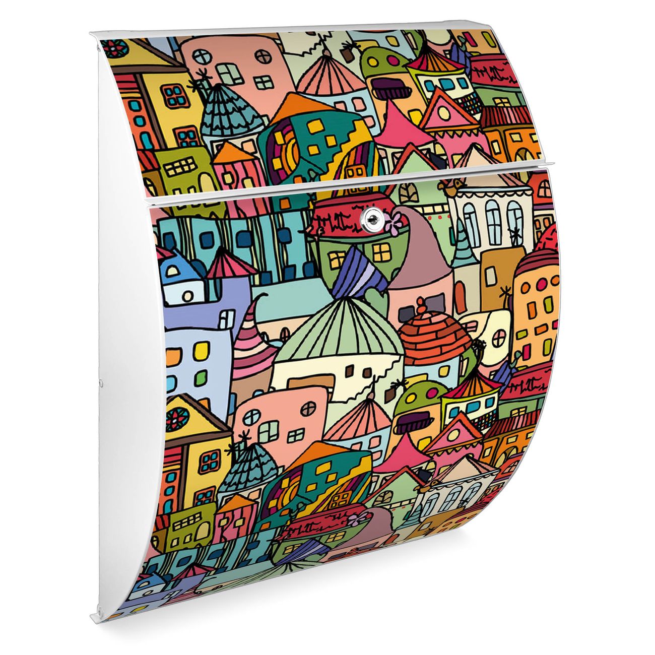 Burg-Wächter Design Briefkasten weiß aus verzinktem Stahl mit Motiv Funky Town, großer Postkasten mit Öffnungsstopp und A4 Einwurf, RAL9010 wetterfest