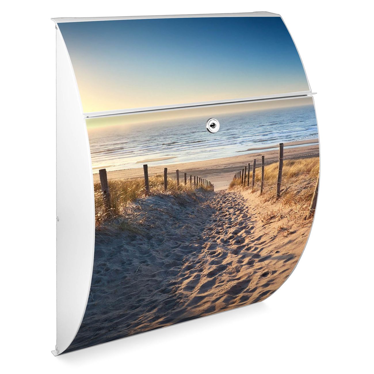 Burg-Wächter Design Briefkasten weiß aus verzinktem Stahl mit Motiv Nordseestrand, großer Postkasten mit Öffnungsstopp und A4 Einwurf, RAL9010 wetterfest