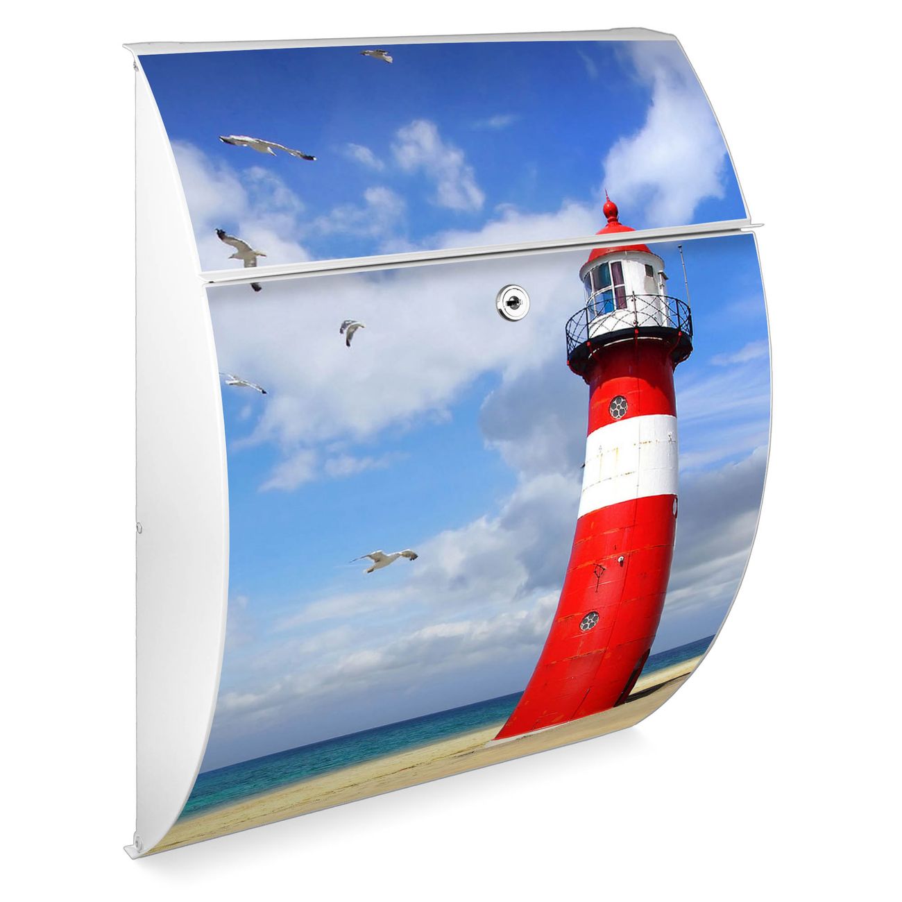 Burg-Wächter Design Briefkasten weiß aus verzinktem Stahl mit Motiv Leuchtturm, großer Postkasten mit Öffnungsstopp und A4 Einwurf, RAL9010 wetterfest