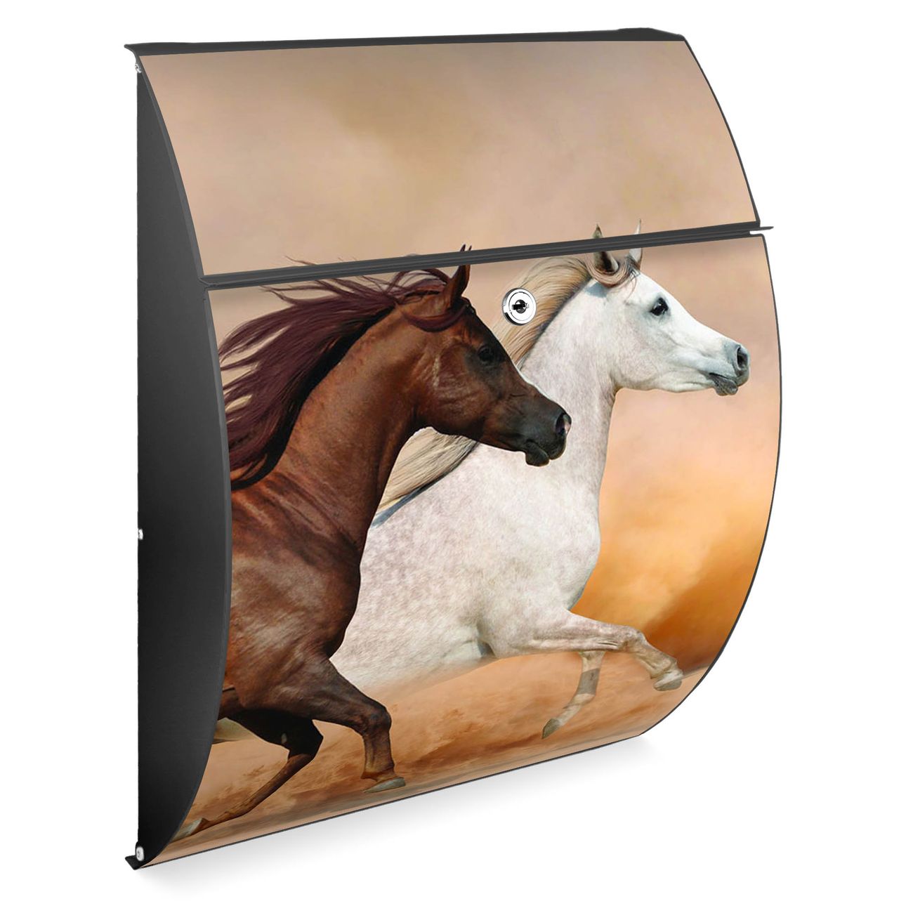 Burg-Wächter Design Briefkasten weiß aus verzinktem Stahl mit Motiv Wilde Pferde, großer Postkasten mit Öffnungsstopp und A4 Einwurf, RAL9010 wetterfest